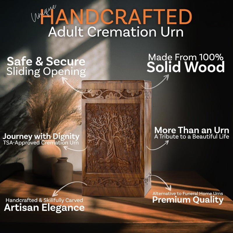 INTAJ Wooden Tree of Life Cremation Urns for Human Ashes â€“ Memorial Urn Box and Casket for Adult Male, Female, Child, or Pets (Cat/Dog) â€“ Burial Funeral Urn Holds Up to 180 Cubic Inches of Ashes - Image 4